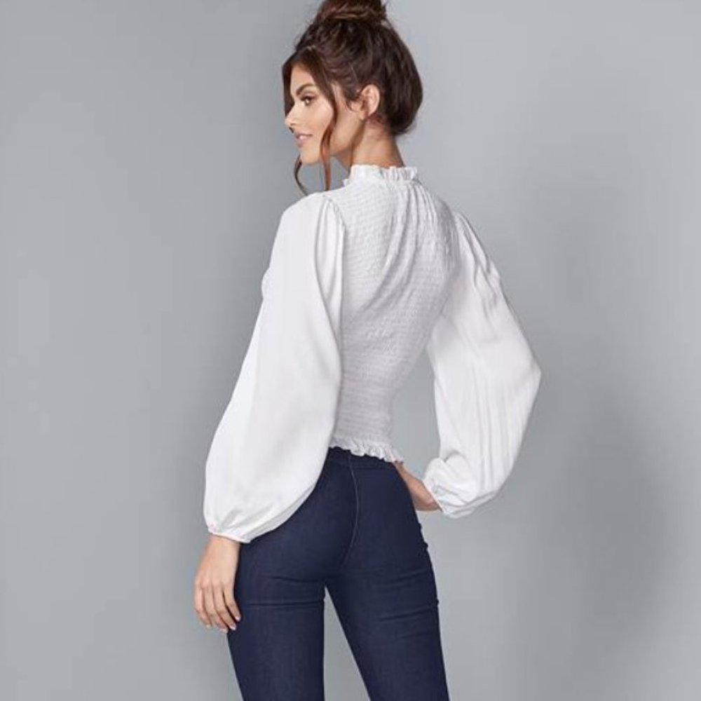 NWOT White balloon sleeve blouse with shirred bodice